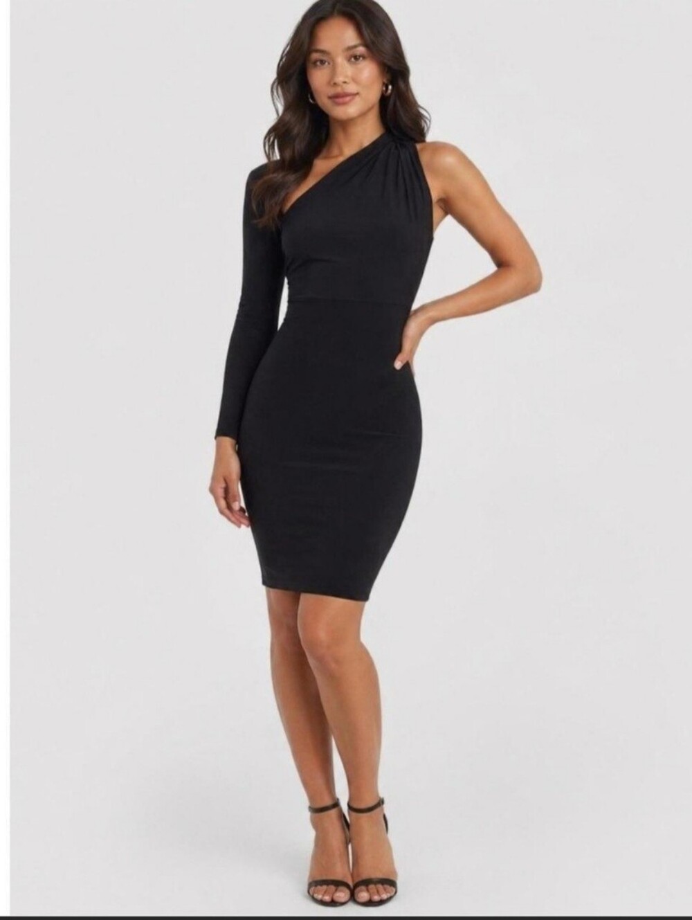 Betsy & Adam Navy Velvet Asymmetrical Single Long Sleeve Sheath Dress
